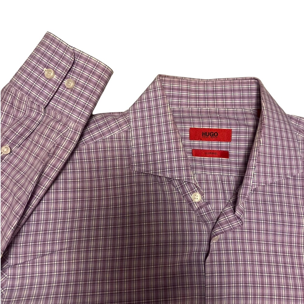 Hugo Boss Sharp Fit Mens 16 32/33 Purple Check Dress Shirt Long Sleeve Button Up
